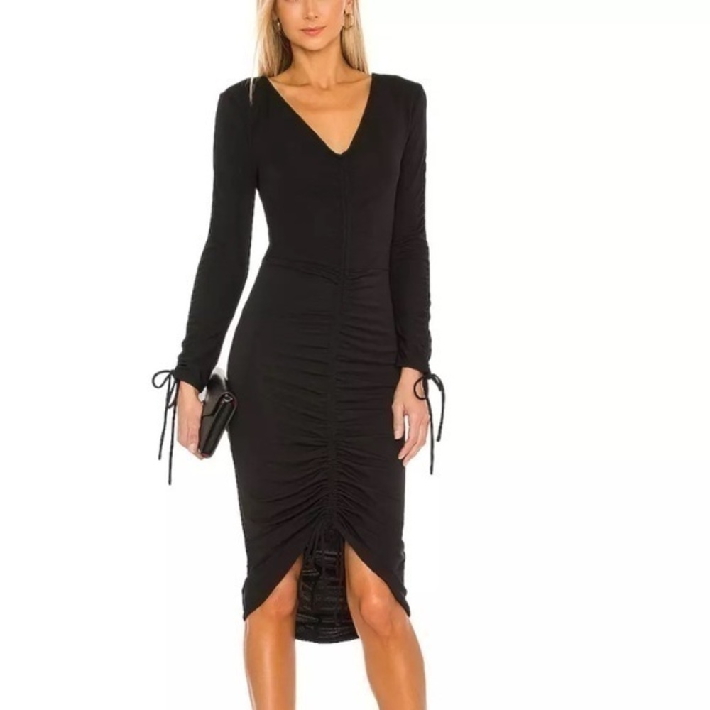 Michael Costello X REVOLVE Black Ruched Midi Dress Bodycon Long Sleeve Chic S
